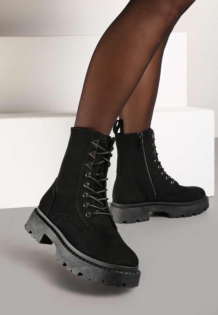 Czarne Sznurowane Botki na Platformie w Stylu Workerów Erisandre