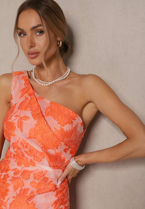 Pomarańczowa Sukienka w Kwiaty o Taliowanym Fasonie z Asymetryczną Górą na Jedno Ramię Halavira