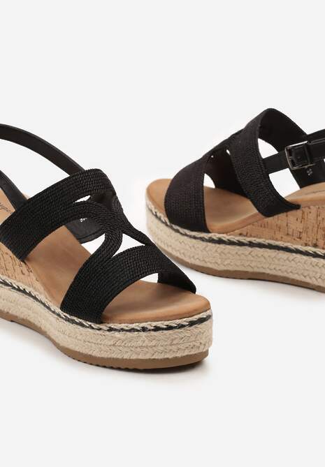Czarne Sandały z Ozdobnym Paskiem na Koturnie Korkowym z Plecionką Dalarrna