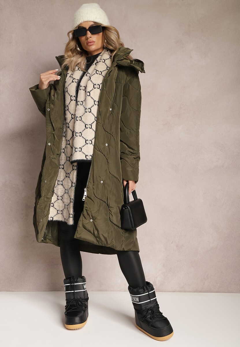 Zielona Pikowana Kurtka Płaszcz za Kolano z Kapturem Kelotta