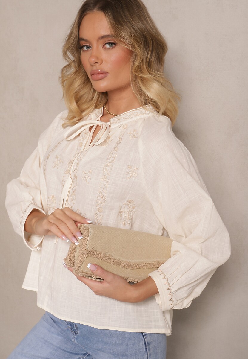 Beżowa Haftowana Bluzka z Bawełny z Wiązaniem Emvivia