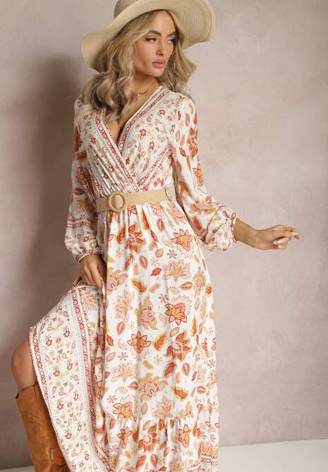 Biało-Beżowa Sukienka Rozkloszowana z Paskiem Verintius