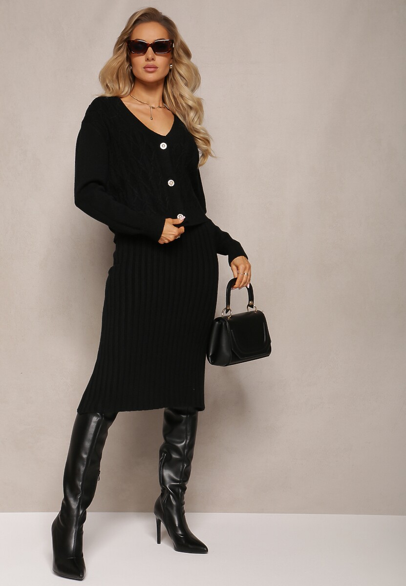 Czarny 2-częściowy Komplet Dzianinowy z Sukienką i Kardiganem Finariel
