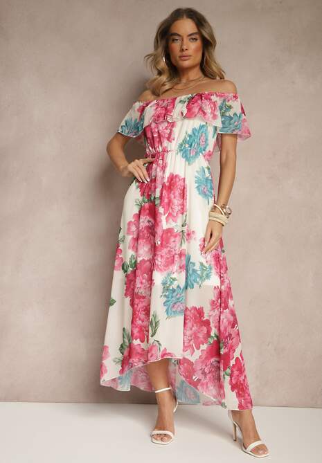 Fuksjowa Sukienka Hiszpanka z Kwiatowym Wzorem i Plecionym Paskiem Sadeene