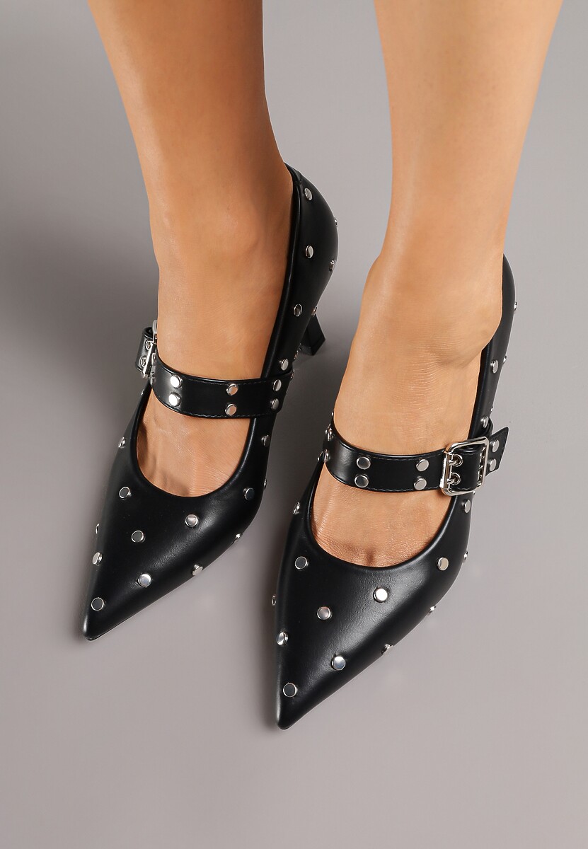 Czarne Czółenka Vices na Szpilce z Wkładką ze Skóry Naturalnej Ozdobione Nitami Rileinea