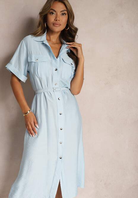 Niebieska Sukienka z Wiskozy o Kroju Koszulowym Ozdobiona Paskiem Nelsines