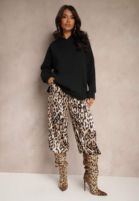 Brązowe Spodnie Typu Palazzo z Jedwabiem z Gumką w Talii o Zwierzęcym Wzorze Elanea