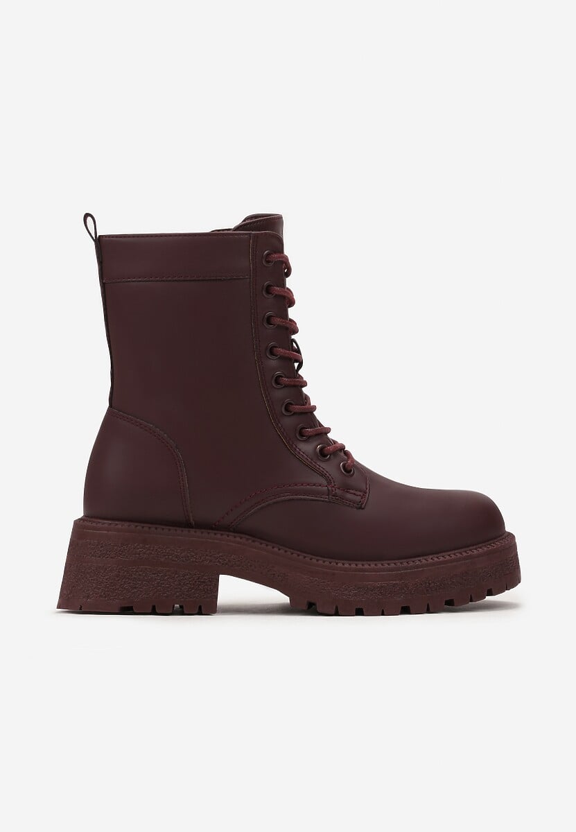 Bordowe Sznurowane Botki na Grubej Podeszwie Attira