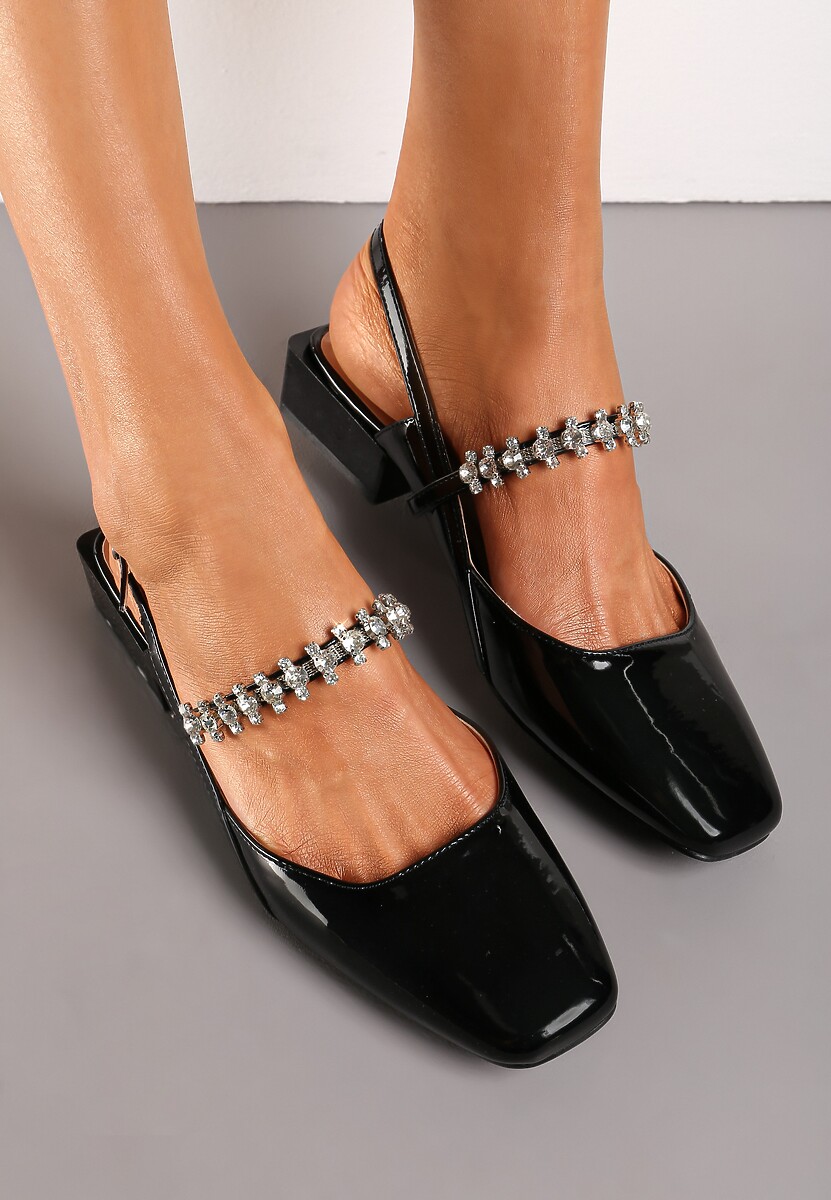 Czarne Czółenka Ozdobione Cyrkoniami ze Sprzączką przy Kostce Locarina