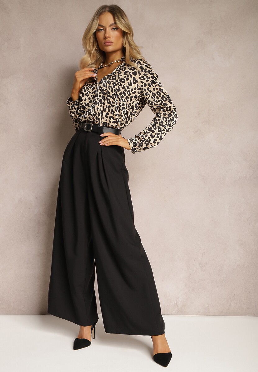 Czarne Szerokie Spodnie w Stylu Palazzo z Paskiem Detalia