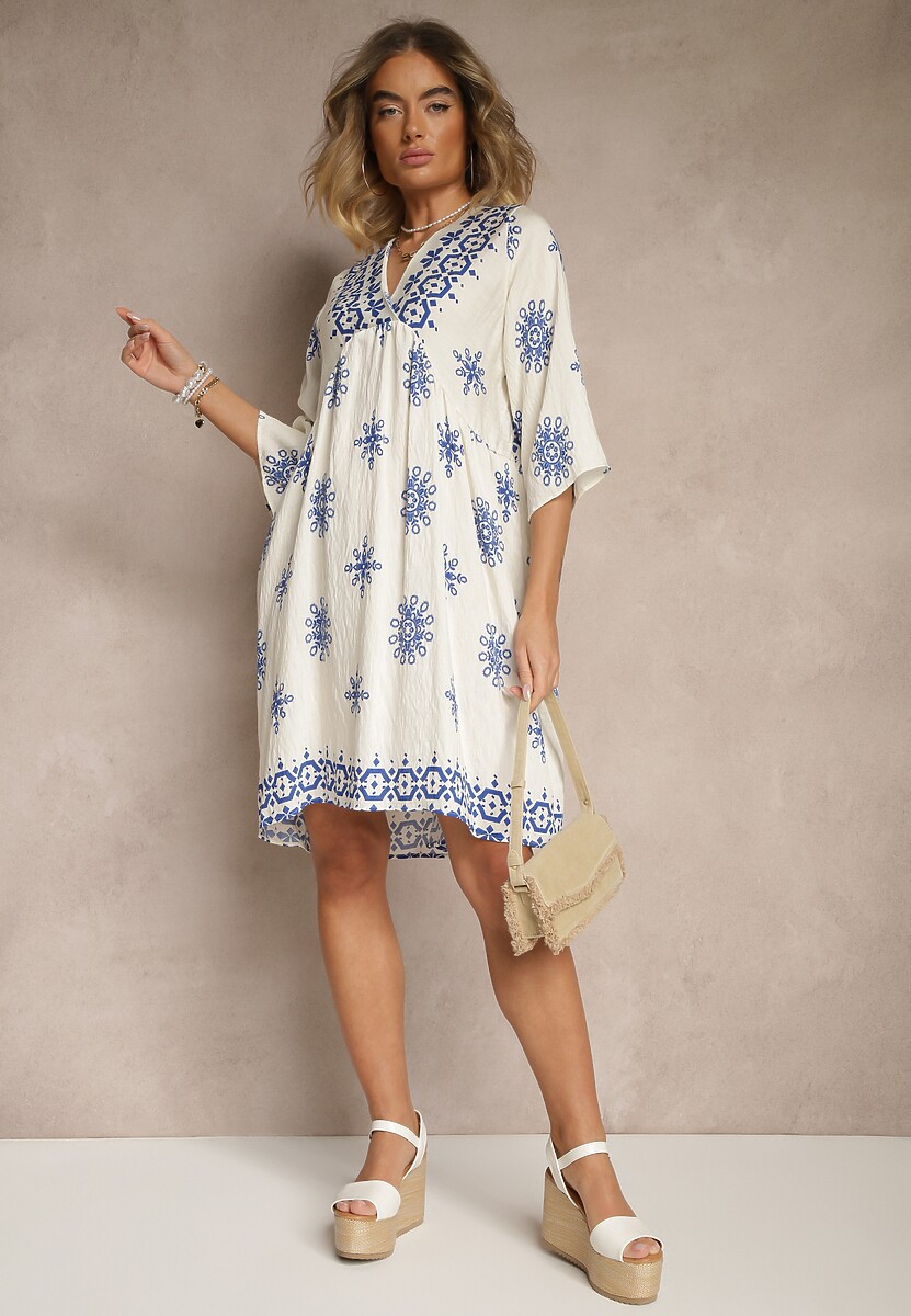 Niebiesko-Kremowa Sukienka Ozdobiona Ornamentalnym Wzorem z Wiskozą Daviloria