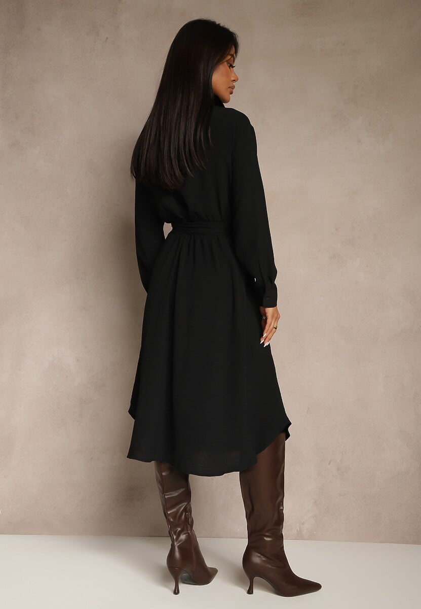 Czarna Sukienka Midi z Kołnierzykiem i Materiałowym Paskiem Rasik
