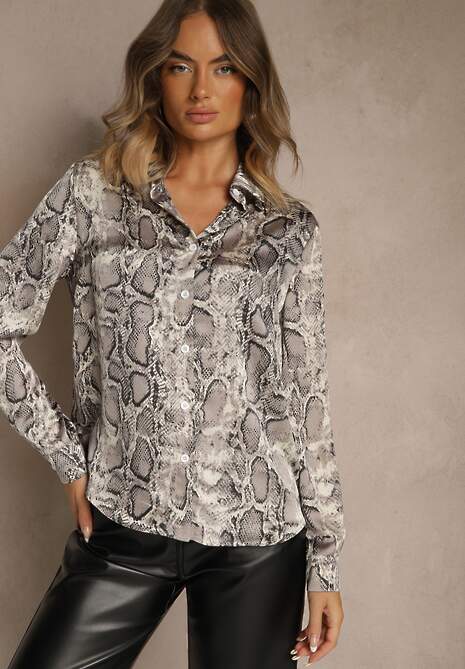 Szara Koszula Vices z Satynowej Tkaniny w Wężowy Print Resmina