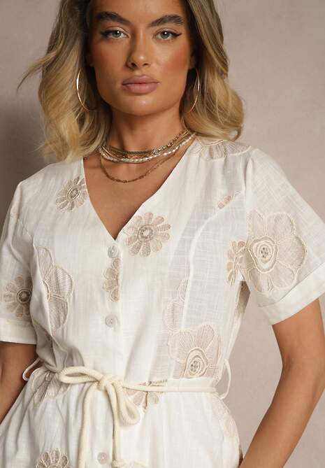 Biała Sukienka Boho Ozdobiona Sznurkiem i Haftami Evinelle