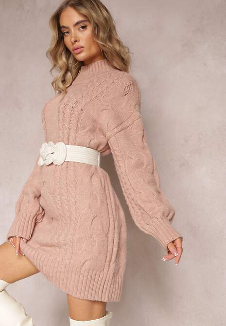 Ciemnoróżowy Długi Sweter o Luźnym Kroju z Warkoczykowym Splotem Penerria