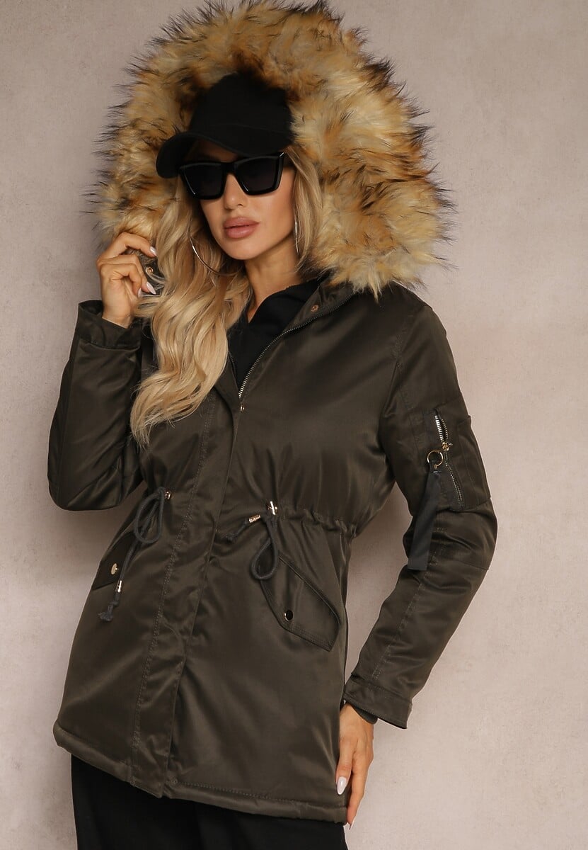 Zielono-Szara Kurtka Parka z Kapturem i Futrzanym Obszyciem z Możliwością Odpięcia Inaveira