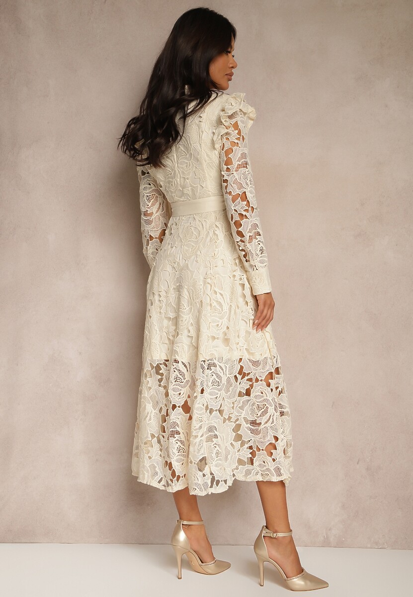 Beżowa Rozkloszowana Sukienka o Koszulowym Fasonie z Falbanką i Koronką Caramia