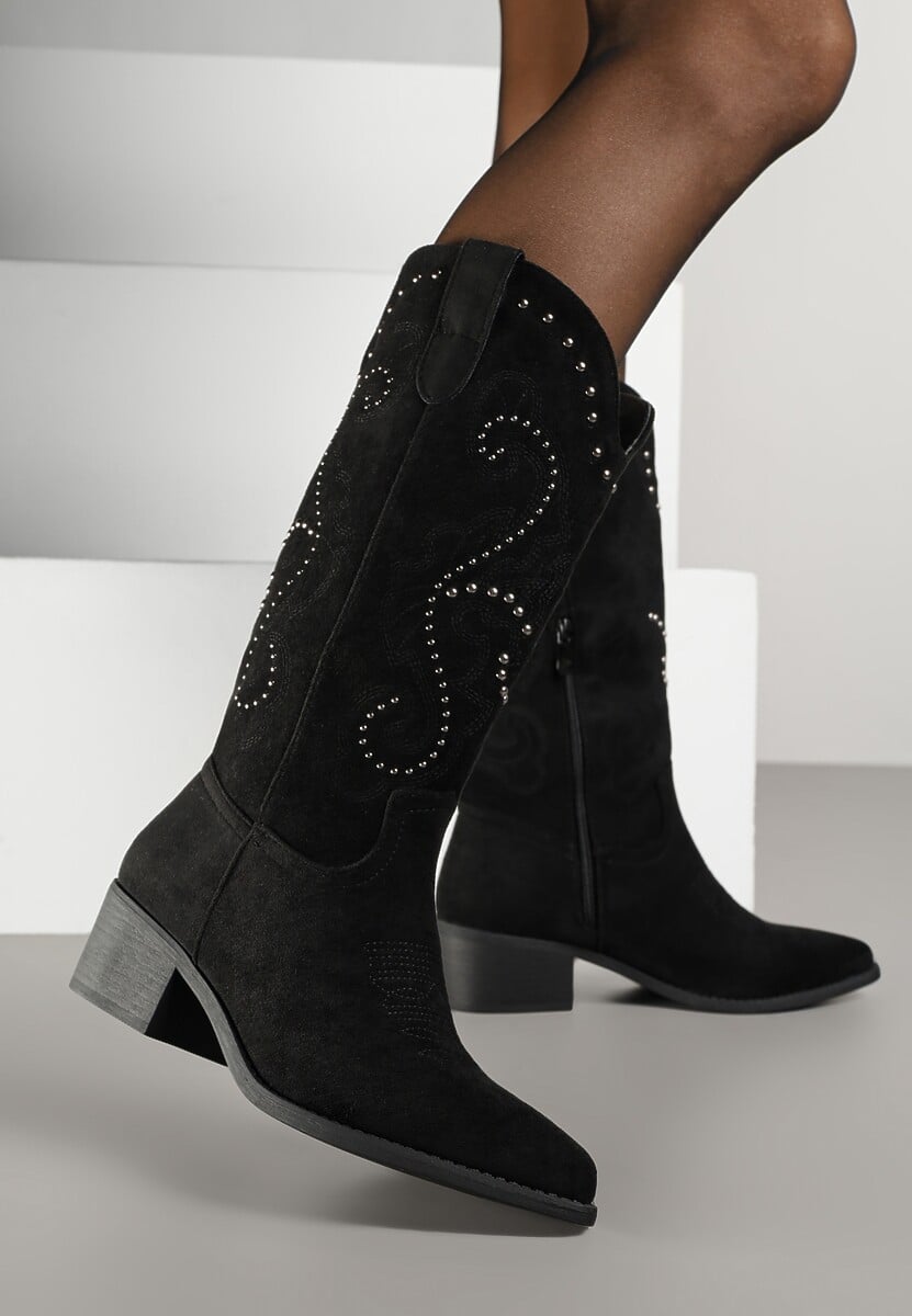 Czarne Kozaki Kowbojki na Słupku z Nitami i Haftem przy Cholewce Nuvitta