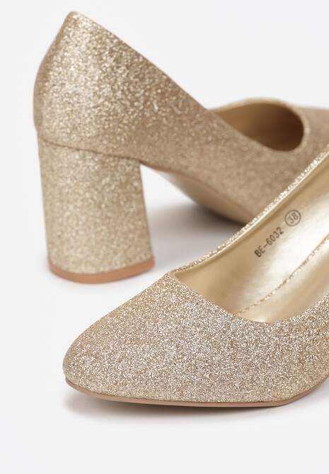 Złote Czółenka z Brokatem na Słupku Sahovi