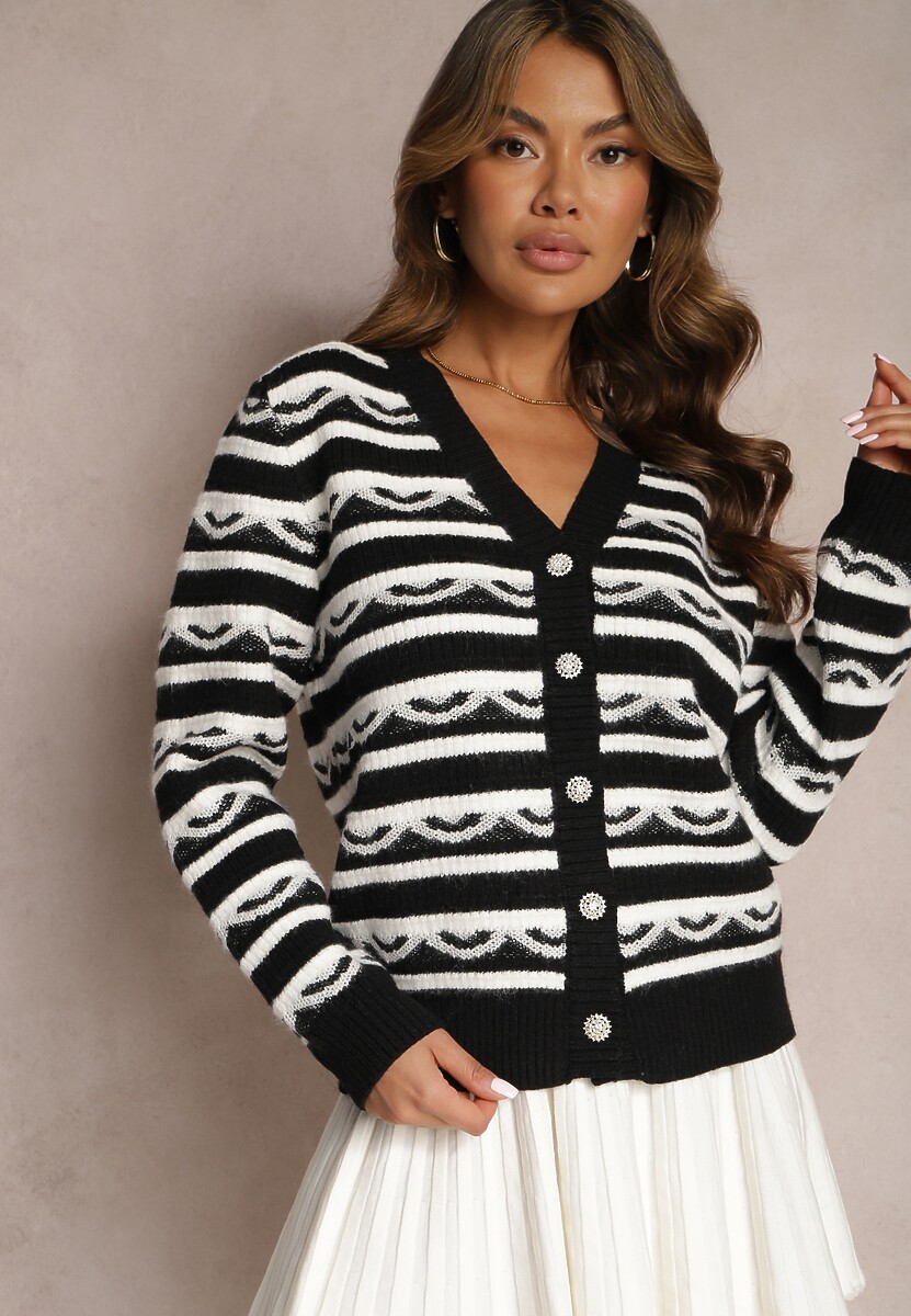 Czarny Kardigan w Paski z Wiskozy Ozdobiony Cyrkoniami i Guzikami Kleviona