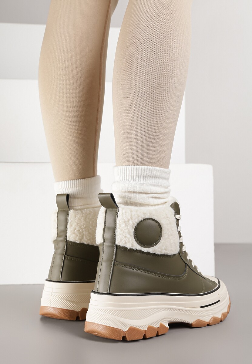 Zielone Traperki w Stylu Trampek na Grubej Podeszwie Ozdobione Futerkiem Miatheae