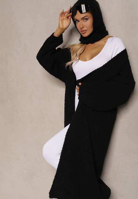 Czarny Niezapinany Kardigan z Wełną o Długim Kroju Temindriae