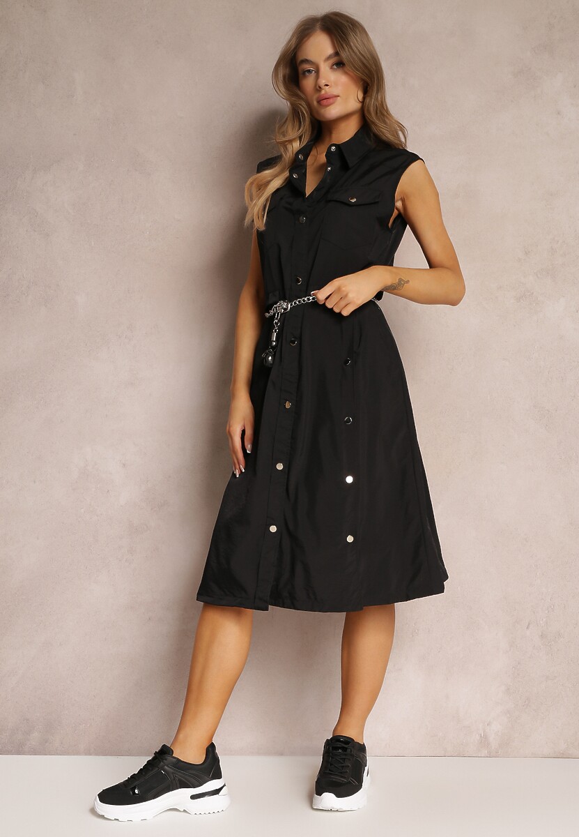 Czarna Sukienka za Kolano z Ozdobnym Paskiem Adarene