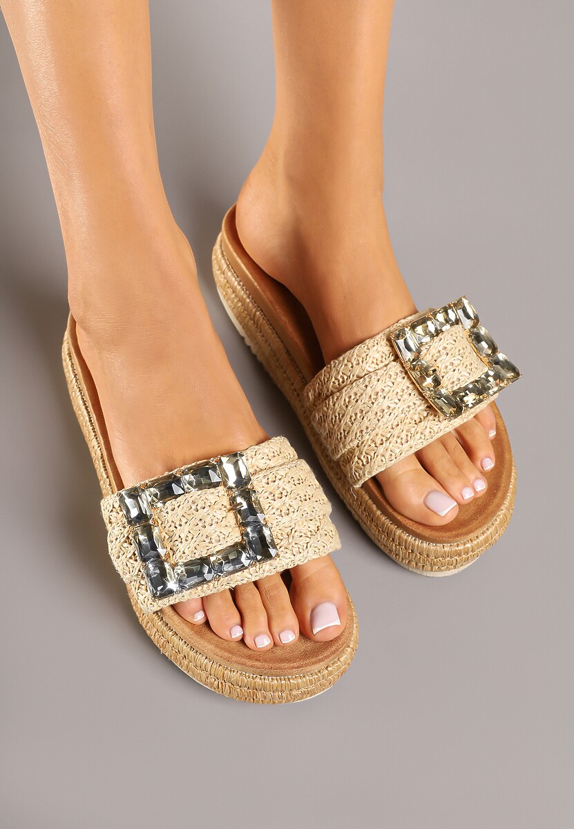 Beżowe Klapki na Grubej Podeszwie z Plecionki z Klamrą z Kryształkami Sorlise