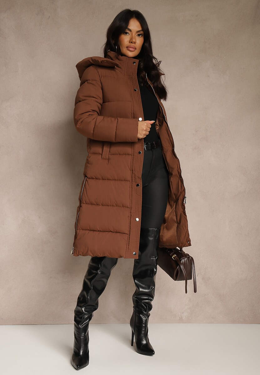 Brązowa Kurtka Ozdobiona Pikowaniem z Odpinanym Kapturem i Suwakami po Bokach Zaiden