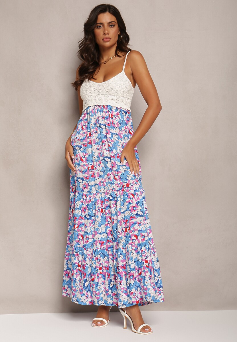 Niebieska Wiskozowa Sukienka Maxi o Rozkloszowanym kroju na Cienkich Ramiączkach w Kwiaty Netela