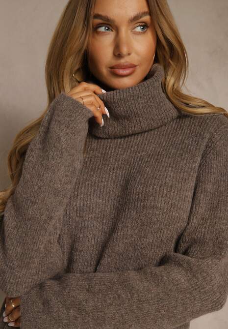 Jasnobrązowa Sweterkowa Sukienka Golf z Wełną i Wiskozą Fedorina