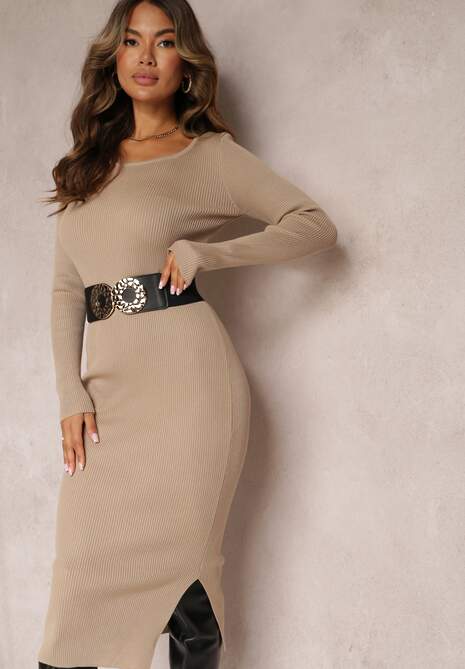 Beżowa Dzianinowa Sukienka Midi z Długim Rękawem Rohesa