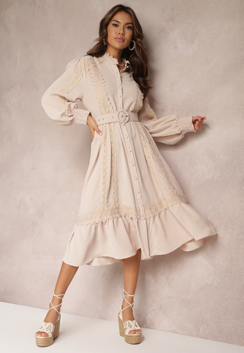 Fioletowa Koszulowa Sukienka Midi z Koronką i Paskiem z Klamrą Tocotte