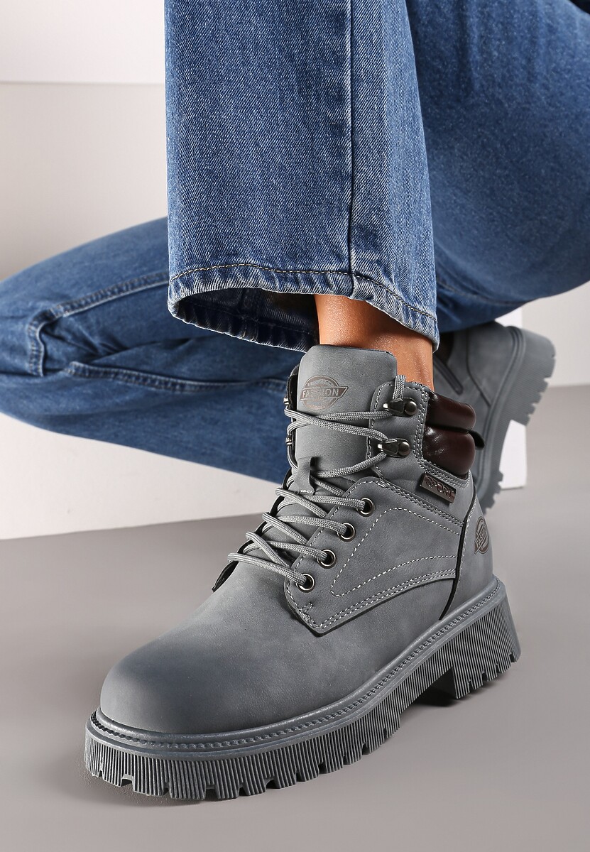 Niebieskie Sznurowane Płaskie Botki Trekkingowe Sinane