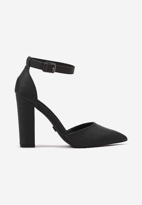 Czarne Czółenka Vices na Słupku Ozdobione Brokatem z Paskiem Wokół Kostki Izalithea