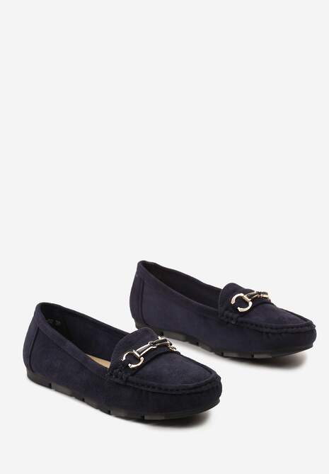 Niebieskie Mokasyny na Płaskiej Podeszwie z Aplikacją i Przeszyciami Tonala