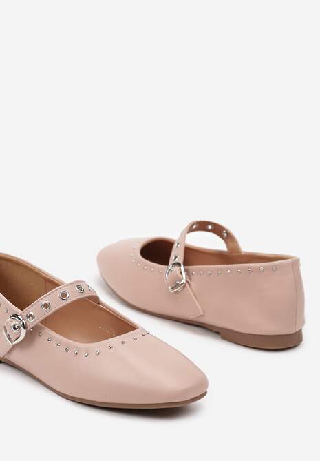 Różowe Balerinki na Płaskiej Podeszwie Mary Jane z Ćwiekami Bialonna