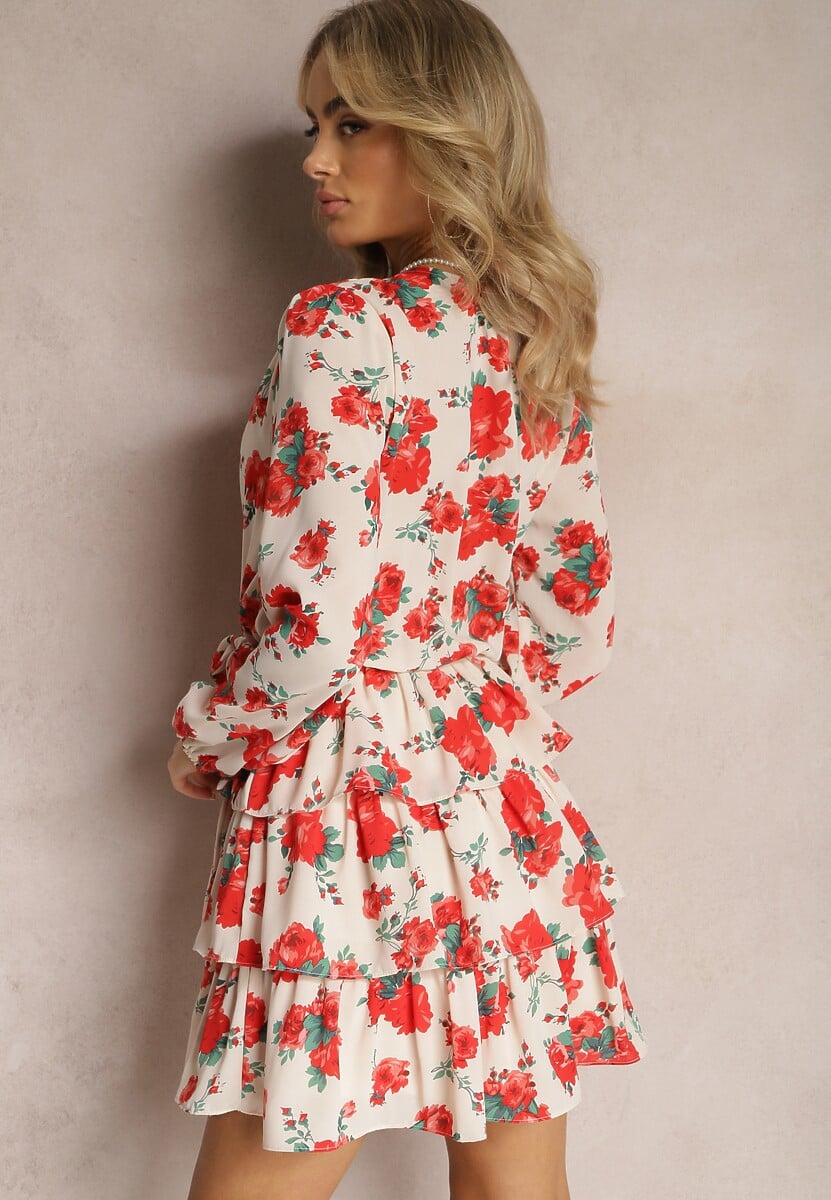 Beżowo-Czerwona Rozkloszowana Sukienka Kopertowa z Falbankami i Materiałowym Paskiem w Kwiaty Voliesa