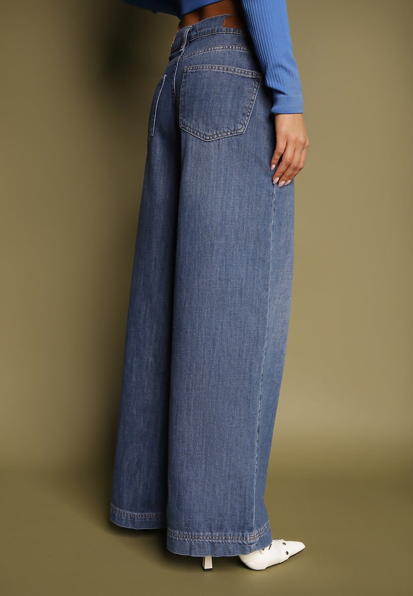 Niebieskie Jeansy z Bawełny o Szerokim Kroju High Waist Reanielis