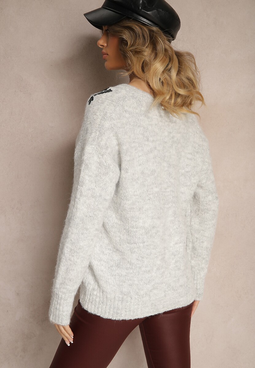 Szary Sweter z Wełną i Metalicznym Wzorem w Kwiaty Senithea