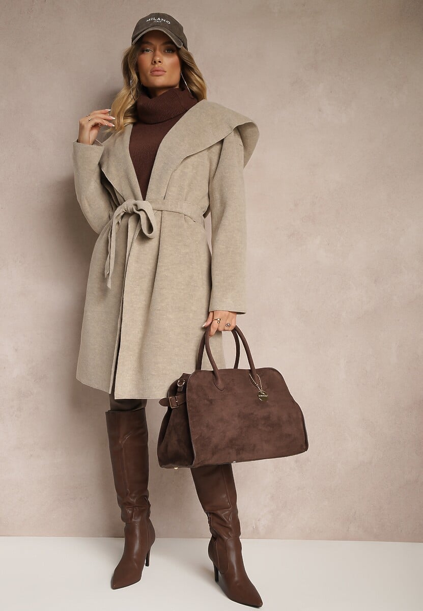 Beżowy Płaszcz z Wiskozą Kapturem i Paskiem w Talii Ninerviria