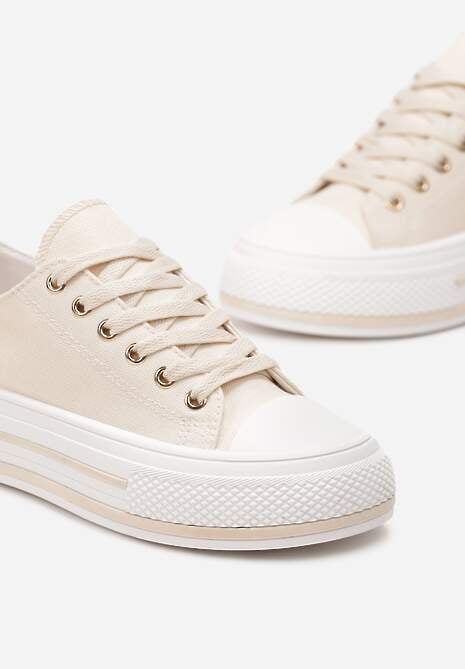 Beżowe Sznurowane Trampki na Grubej Podeszwie z Aplikacją Aniler