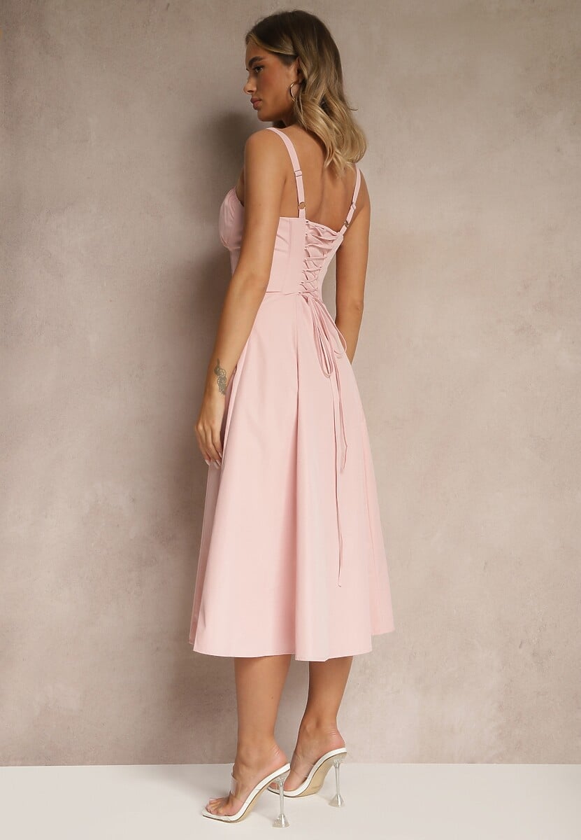 Różowa Koktajlowa Sukienka Gorsetowa Vices z Rozkloszowanym Dołem Kolinnea