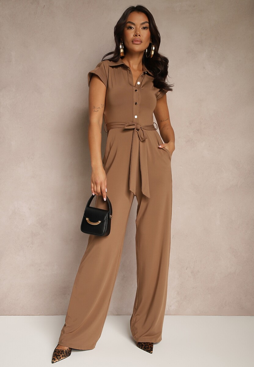 Brązowy Kombinezon z Wiskozą o Koszulowym Kroju z Wiązanym Paskiem Ninathra