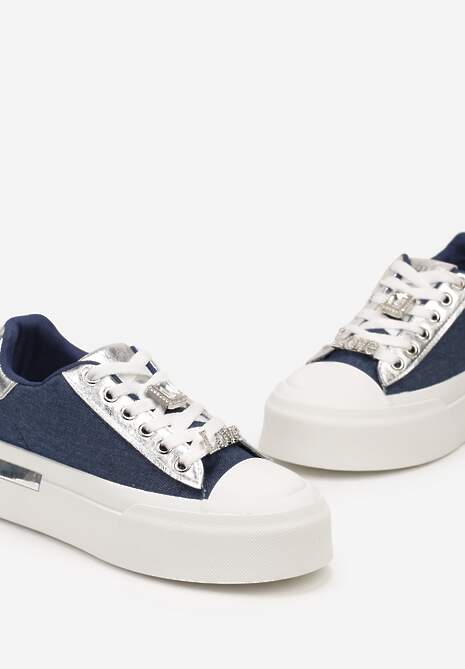 Niebieskie Casualowe Sneakersy na Platformie Ozdobione Cyrkoniami i Metalicznymi Wstawkami Primaria