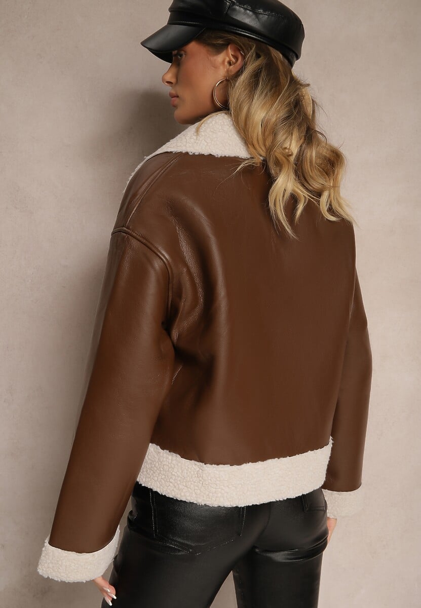 Brązowa Kurtka Biker w Stylu Ramoneski z Futrzanym Ociepleniem Nikinia