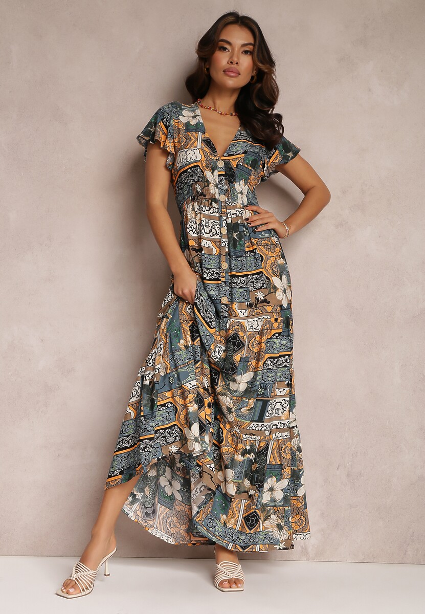 Szara Sukienka z Wiskozy Maxi z Gumką w Pasie Weha