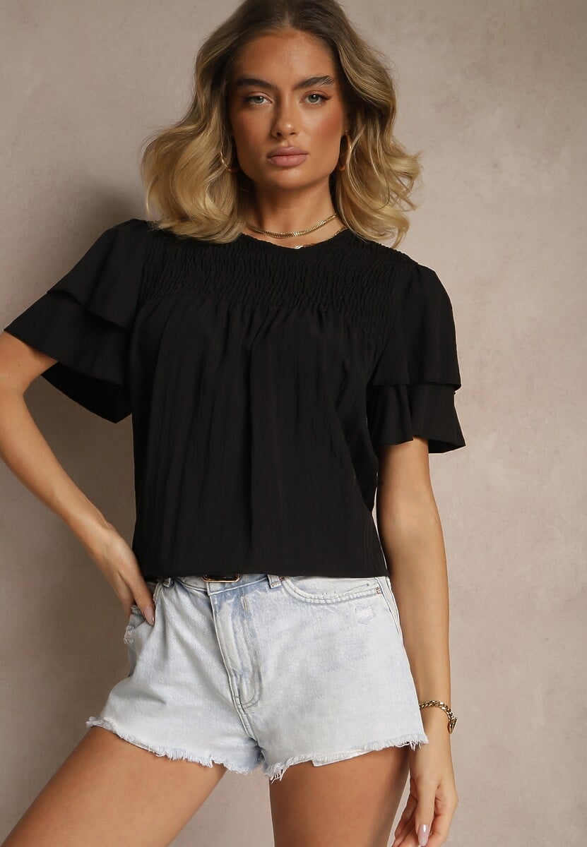 Czarna Trapezowa Bluzka z Wiskozą Zdobiona Falbankami i Elastyczną Wstawką Mirlimi
