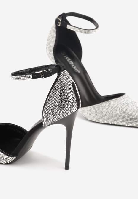 Czarne Szpilki Zdobione Cyrkoniami i Paskiem z Klamerką Eweda