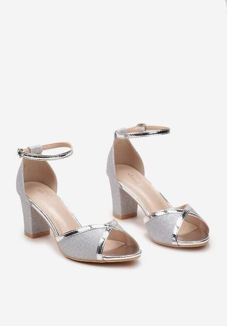 Srebrne Brokatowe Sandały ze Sprzączką na Słupku z Metalicznymi Wstawkami Alpireva